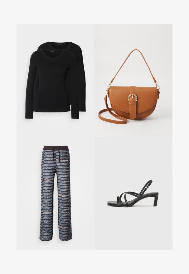 Two black long-sleeve shirts with a V-neck design, made of soft, stretchy fabric, showing smooth texture and a fitted shape.; Lightweight, patterned trousers featuring a dark base with alternating blue and gray leaf motifs, elastic waistband, and drawstring.; Black strappy sandal with a square toe and a low block heel. Features multiple thin straps and an adjustable ankle strap. Made of smooth leather.; Brown leather crossbody bag with a curved shape, gold hardware, and a buckle accent. Features a detachable shoulder strap.