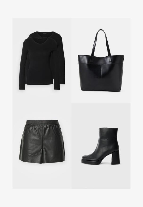 Dvě černé dlouhé rukávy trička s výstřihem do V, vyrobené z měkkého, elastického materiálu, s hladkou texturou a přiléhavým střihem.; Černé kožené šortky s elastickým pasem, upraveným střihem a bočními rozparky pro lepší pohyb a ventilaci. Hladký povrch.; Černý kožený kotníkový bot s blokovým podpatkem a platformou, viděný z boku na jednoduchém bílém pozadí.; Černá kožená taška s dlouhými ušima, hladkým povrchem a strukturovaným tvarem. Obsahuje přední kapsu pro další úložný prostor.