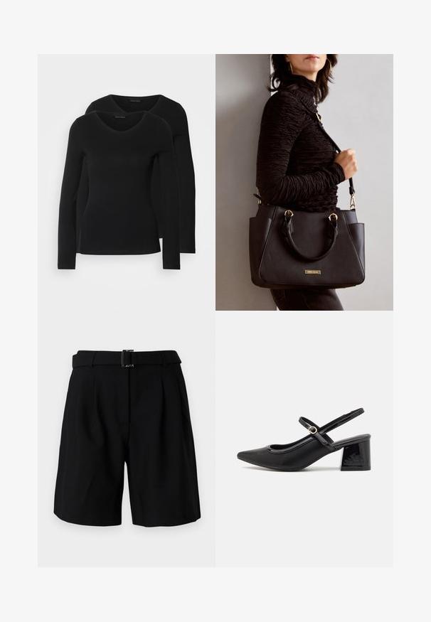 Duas camisetas pretas de manga longa com design em V, feitas de um tecido macio e elástico, apresentando uma textura suave e um formato ajustado.; Calções pretos de corte ajustado com uma textura suave, apresentando uma cintura larga e um detalhe de fivela metálica. Design estruturado e frente plissada.; Sabrinas de cerâmica preta com salto bloco, bico apontado e um design com recortes arredondados. Apresenta um detalhe em fivela de tom dourado.; Bolsa preta com superfície texturizada, alças superiores duplas e alça de ombro ajustável. Apresenta ferragens em tom dourado e bolsos laterais.