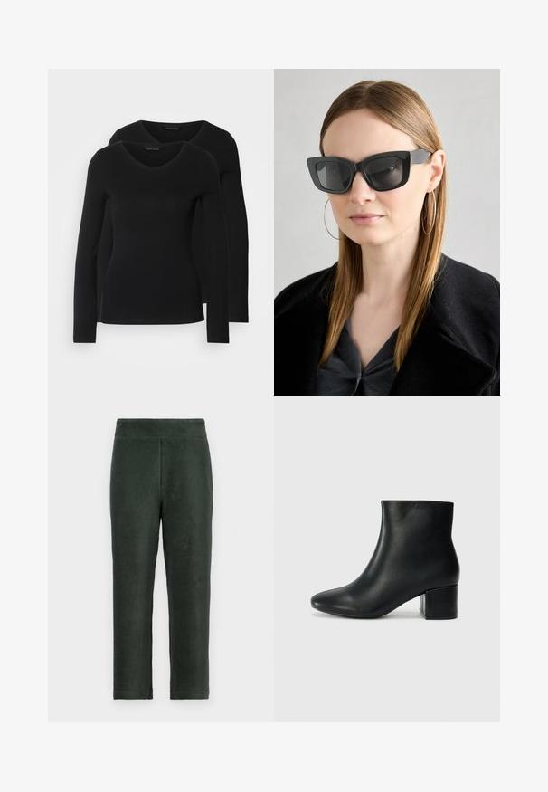 Două cămăși negre cu mâneci lungi și decolteu în V, fabricate dintr-un material moale și elastic, cu o textură netedă și o formă ajustată.; Pantaloni din corduroy verde închis, cu talie ajustată, picioare drepte și textură cu nervuri verticale. Design simplu, fără elemente de fixare sau accente vizibile.; Cizme negre din piele până la gleznă, cu vârf ascuțit și toc robust. Textură netedă, cu accente minime și un design elegant, ajustat.; Ochelari de soare negri tip cat-eye cu lentile întunecate, rame groase și accente subtile. Purtați cu o haină neagră și un top gri, având părul lung și drept.