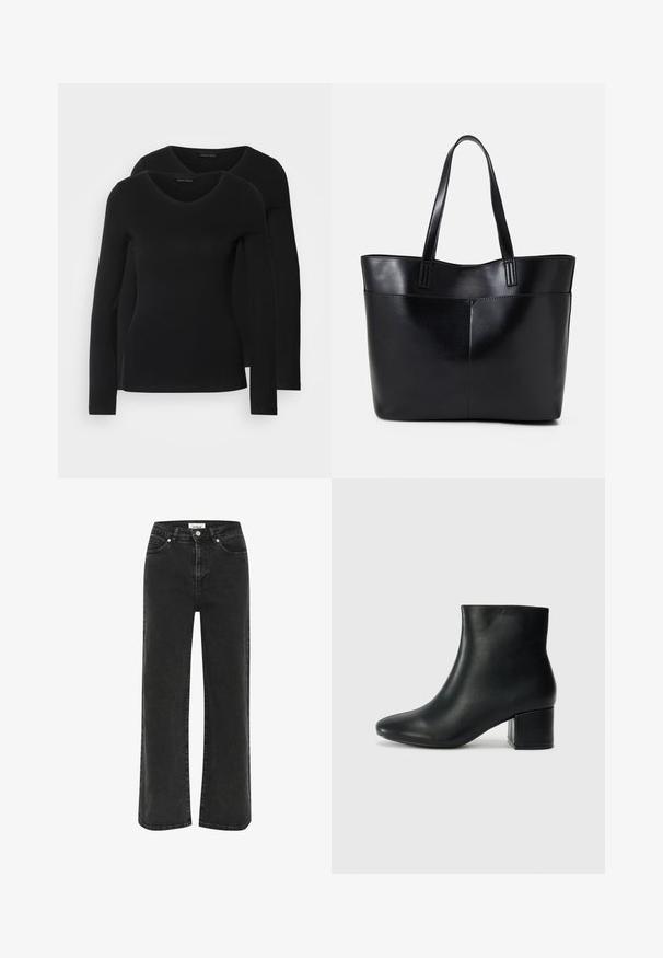 Kaks musta pika varrukaga särk, millel on V-kaelus ja mis on valmistatud pehmest ja venivast kangast, millel on sile tekstuur ja sobiv kuju.; Mustad laiad teksad, mis on valmistatud denimist, kõrge talje, esitaskud ja tõmblukk koos nupuga. Kangas on kerge fade'i efektiga.; Mustad nahast pahkluu saapad terava varbaga ja jämeda kandaga. Sile tekstuur minimaalse aktsentidega ja stiilne, lihvitud disain.; Must mustaga musta nahast, millel on kaks pikka kanda, sile tekstuur ja struktureeritud kuju. Esipoolsel on lisakoti jaoks tasku.