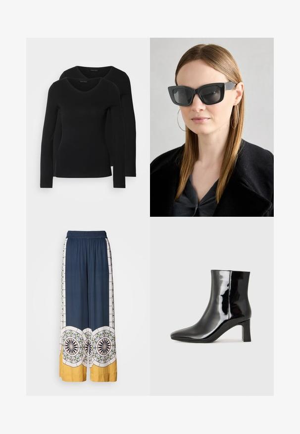 Kaksi mustaa pitkähihaista paitaa V-aukkolla, valmistettu pehmeästä ja joustavasta kankaasta, joka osoittaa sileää tekstuuria ja istuvaa muotoa.; Laivaston leveälahkeiset housut, joissa on joustava vyötärö, ja jotka esittelevät geometrisia kuvioita valkoisena, vihreänä ja keltaisena helmaa ja sivuja pitkin.; Musta patenttilakattu nilkkuri, jossa on terävä kärki ja keskipitkä lohkarekorko. Silkkinen pinta ja minimalistinen muotoilu.; Mustan kissakuvioisen aurinkolasit tummilla linsseillä, paksuilla kehyksillä ja hillityillä yksityiskohdilla. Yhdistetty mustaan takkiin ja harmaaseen paitoihin, joissa on pitkät suorat hiukset.