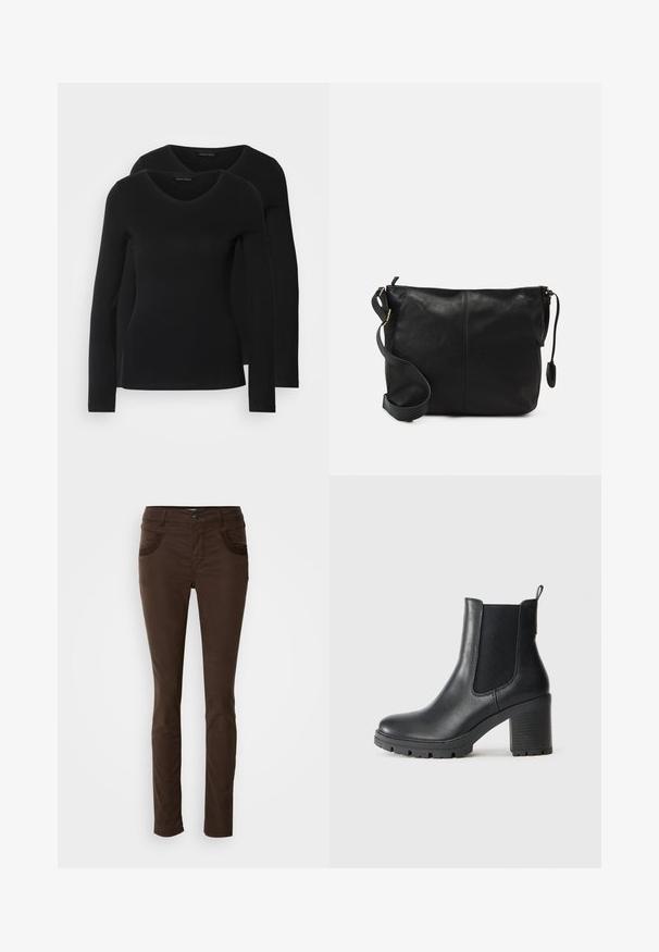 Dva crna majice dugih rukava s V-izrezom, izrađene od mekanog, rastezljivog materijala, s glatkom teksturom i prilagođenim oblikom.; Smeđe slim-fit hlače izrađene od pamučne mješavine. Imaju prednje džepove s ukrasnim šavovima, zatvaranje na dugme i glatku teksturu.; Crne kožne gležnjače s elastičnim bočnim panelima, masivnim gumenim potplatom i visokom blok petom. Imaju ručku na stražnjem dijelu.; Crna kožna torbica preko tijela s ravnim oblikom, zlatnim detaljima i podešivim remenom. Glatka tekstura s minimalnim detaljima šivanja.