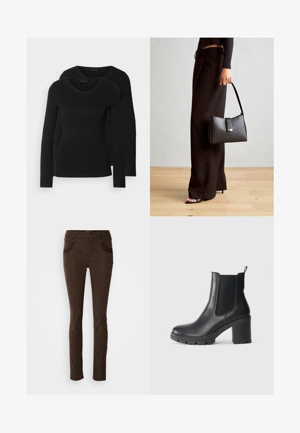 Two black long-sleeve shirts with a V-neck design, made of soft, stretchy fabric, showing smooth texture and a fitted shape.; Brown, slim-fit pants made from cotton blend fabric. Features front pockets with decorative stitching, a button closure, and a smooth texture.; Black leather ankle boot with elastic side panels, chunky rubber sole, and a high block heel. Features a pull tab on the back.; Black handbag with structured shape, smooth texture, and a metallic clasp. Paired with wide black pants and open-toe sandals on wooden floor.