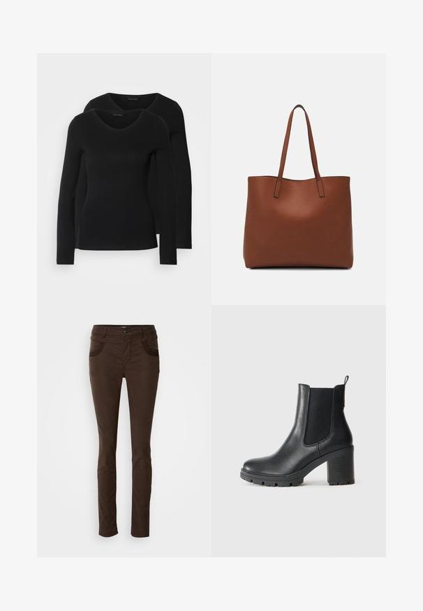 Dva crna majice dugih rukava s V-izrezom, izrađene od mekanog, rastezljivog materijala, s glatkom teksturom i prilagođenim oblikom.; Smeđe slim-fit hlače izrađene od pamučne mješavine. Imaju prednje džepove s ukrasnim šavovima, zatvaranje na dugme i glatku teksturu.; Crne kožne gležnjače s elastičnim bočnim panelima, masivnim gumenim potplatom i visokom blok petom. Imaju ručku na stražnjem dijelu.; Smeđa kožna torba preko ramena s glatkom teksturom, otvorenim vrhom i dvjema naramenicama. Ima minimalne šavove i nema vidljivog hardvera.