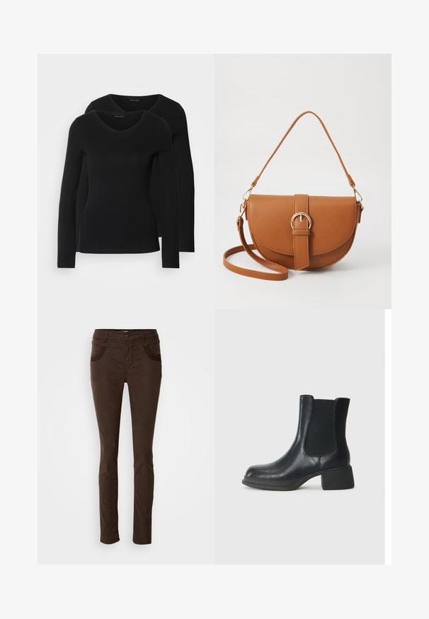 Duas camisetas pretas de manga longa com design em V, feitas de um tecido macio e elástico, apresentando uma textura suave e um formato ajustado.; Calças castanhas de corte slim, feitas de um tecido misto de algodão. Apresentam bolsos frontais com costura decorativa, fecho de botão e uma textura suave.; Bota de tornozelo em couro preto com painéis laterais elásticos, bico arredondado e um pequeno salto bloco. A superfície tem uma textura suave e um detalhamento mínimo.; Bolsa transversal de couro castanho com um formato curvado, ferragens douradas e um detalhe de fivela. Inclui uma alça de ombro destacável.