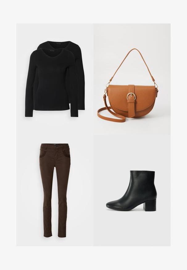 Twee zwarte longsleeve shirts met een V-hals ontwerp, gemaakt van zachte, rekbare stof, die een gladde textuur en een getailleerde vorm laten zien.; Bruine, slanke broek gemaakt van een katoenmix. Heeft voorzakken met decoratieve steken, een knoopsluiting en een gladde textuur.; Zwarte leren enkellaarzen met een spitse neus en een chunky hak. Gladde textuur met minimale accenten en een slank, strakk ontwerp.; Bruine leren schoudertas met een gebogen vorm, gouden hardware en een gespaccent. Bevat een afneembare schouderriem.