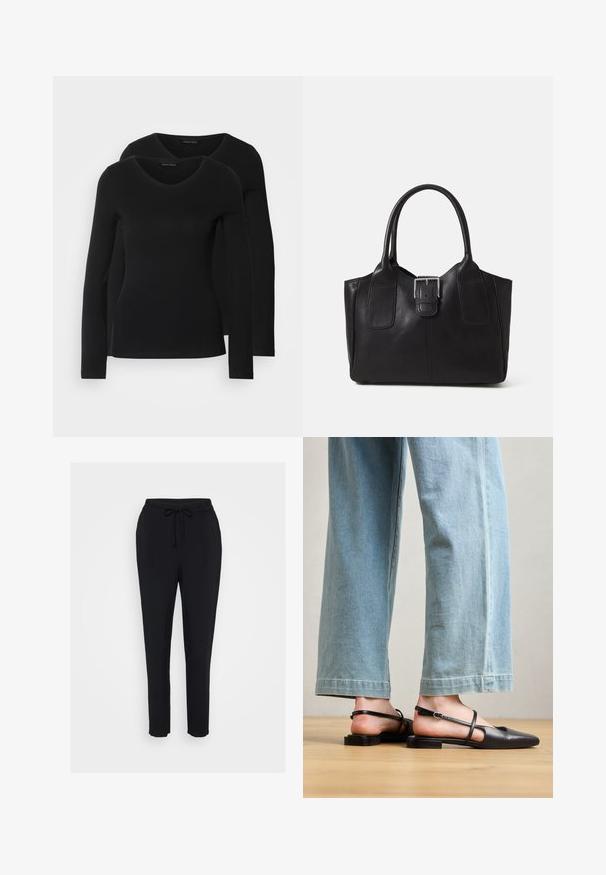 Dvoje čiernych košieľ s dlhým rukávom a výstrihom do V, vyrobených z mäkkej a elastickej látky, s jemnou textúrou a priliehavým strihom.; Čierne teplákové nohavice s elastickým pásom, šnúrkovým zapínaním a zúženými nohavicami. Vyrobené z jemného materiálu s hladkou textúrou.; Čierne kožené sandále na opätku s špicatou špičkou, plochým podpätkom a remienkom okolo členka; nosené s svetlomodrými voľnými džínsami.; Čierna kožená taška s hladkou textúrou, štruktúrovaným tvarom, dvoma uchami a výrazným strieborným prackovým detailom na prednej strane.