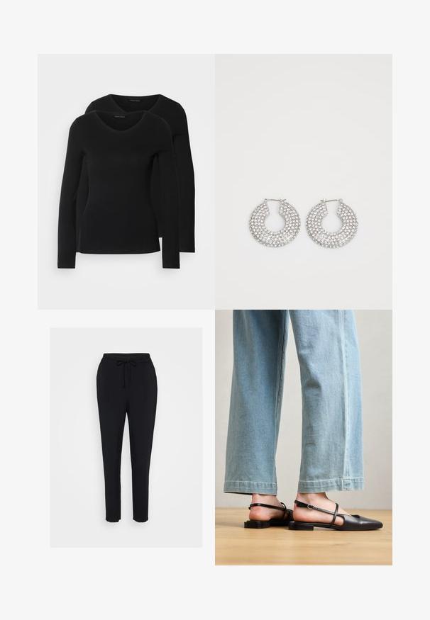 To svarte langermede skjorter med V-halsdesign, laget av mykt, elastisk stoff, viser jevn tekstur og en tettsittende fasong.; Sorte joggebukser med elastisk midje, snorlås og smalnende ben. Laget av et mykt stoff med en glatt tekstur.; Sorte lærrem sko med spiss tå, flat hæl og ankelrem; brukt med lyseblå vide jeans.; Sølv hoop øredobber prydet med flere klare krystallpynt, med en teksturert overflate og et åpent sirkulært design.
