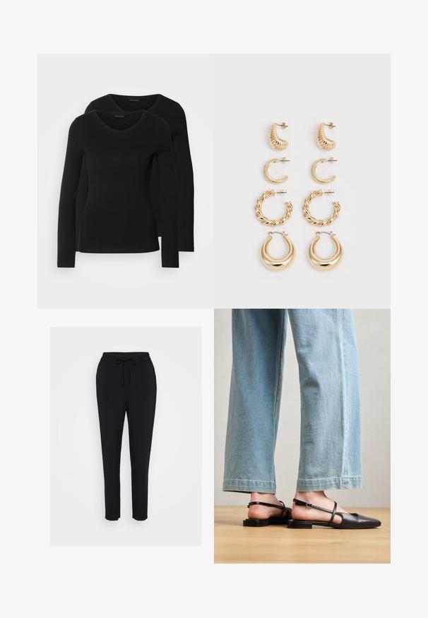 To svarte langermede skjorter med V-halsdesign, laget av mykt, elastisk stoff, viser jevn tekstur og en tettsittende fasong.; Sorte joggebukser med elastisk midje, snorlås og smalnende ben. Laget av et mykt stoff med en glatt tekstur.; Sorte lærrem sko med spiss tå, flat hæl og ankelrem; brukt med lyseblå vide jeans.; Sett med fem gulløredobber, med varierte design: vridde, ribbede og glatte overflater i både hoop- og halvmåneformer.
