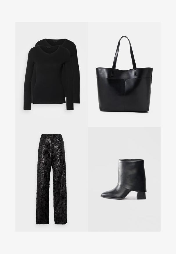 Kaks musta pika varrukaga särk, millel on V-kaelus ja mis on valmistatud pehmest ja venivast kangast, millel on sile tekstuur ja sobiv kuju.; Mustad sädelehistest lai jalgpüksid tekstuuriga pinnaga, mis on varustatud vertikaalsete triipudega ja laiendatud istuvusega, pakkudes sädelevale välimusele.; Mustad nahast pahkluuring, millel on terav varvas, sile tekstuur ja struktureeritud plokknakk. Omab kõrget, volditud suud.; Must mustaga musta nahast, millel on kaks pikka kanda, sile tekstuur ja struktureeritud kuju. Esipoolsel on lisakoti jaoks tasku.