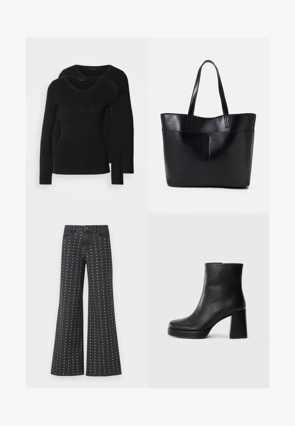 Du į juodas ilgomis rankovėmis marškiniai su V formos iškirpte, pagaminti iš minkštos, tamprios medžiagos, rodantys lygią tekstūrą ir prigludusią formą.; Juodi džinsai su plačiomis kelnių klešnėmis, turintys mažų sidabrinių studų raštą, išdėstytą vertikaliai. Į komplektą įeina penki kišeniai ir sagos uždarymas.; Juodas odinis kulkšninis botas su bloku ir platformos padu, matomas šoniniu vaizdu ant balto fono.; Juoda odinė rankinė su dviem ilgais diržais, lygiu paviršiumi ir struktūrizuota forma. Yra priekinė kišenė papildomam saugojimui.