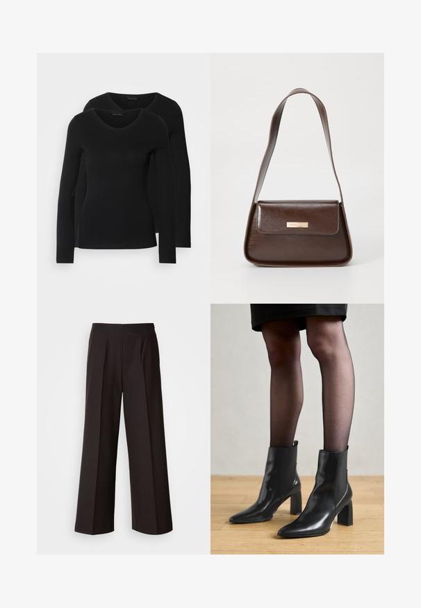 Zwei schwarze Langarmshirts mit V-Ausschnitt, aus weichem, dehnbarem Stoff, der eine glatte Textur und eine figurbetonte Passform zeigt.; Schwarze weite Hosen mit flachem Vorderteil, Falten und einer glatten Stoffstruktur. Sie haben eine hohe Taille und einen taillierten Schnitt für eine strukturierte Passform.; Schwarze Leder-Ankle-Boots mit spitzer Zehenform, klobigem quadratischem Absatz und schlankem Design. Verfügt über elastische seitliche Einsätze für leichtes An- und Ausziehen.; Braune Lederschultertasche mit strukturierter Form, ausgestattet mit einem magnetischen Klappenverschluss und einem metallischen Logoakzent auf der Vorderseite.