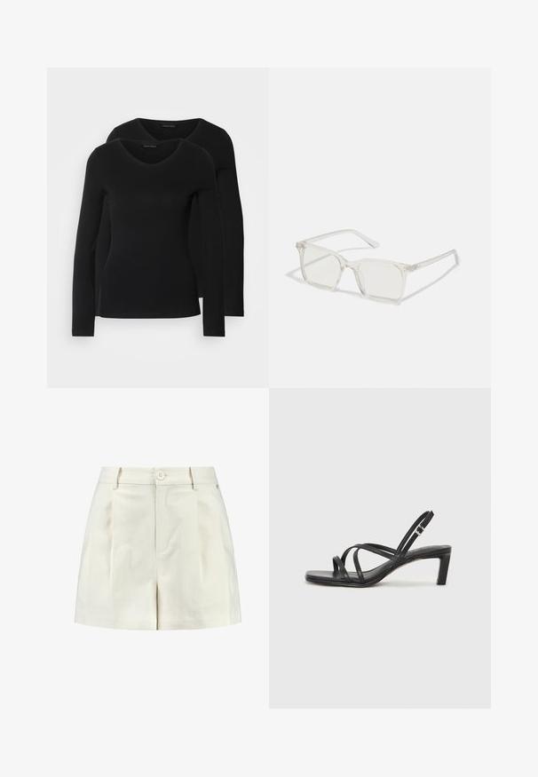 Két fekete, hosszú ujjú póló V nyakkal, puha, rugalmas anyagból, sima textúrával és testhezálló fazonnal.; Fehér, texturált anyagból készült bermuda, sima elejével, két oldalzsebével és egy gombos derékzárásával.; Fekete pántos szandál négyzetes orral és alacsony blokk sarkal. Több vékony pánttal és állítható boka pánttal rendelkezik. Sima bőrből készült.; Átlátszó műanyag négyzet alakú szemüveg, áttetsző lencsékkel, arany díszítéssel a szárakon a fokozott részletekért.