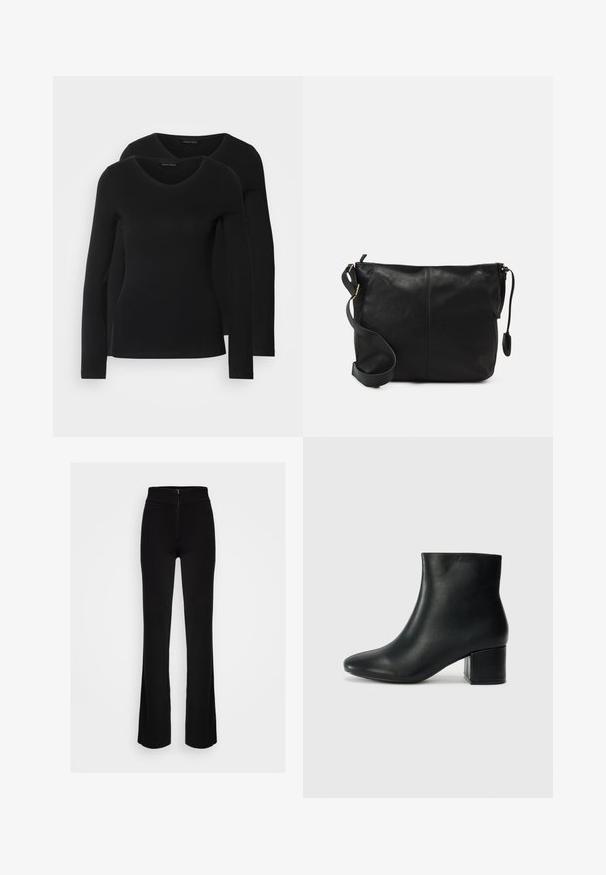 Dvě černé dlouhé rukávy trička s výstřihem do V, vyrobené z měkkého, elastického materiálu, s hladkou texturou a přiléhavým střihem.; Černé široké kalhoty s vysokým pasem a předním zipem. Vyrobeno z hladké, elastické tkaniny pro pohodlí a volnost pohybu.; Černé kožené kotníkové boty s špičatou špičkou a robustním podpatkem. Hladký povrch s minimálními akcenty a elegantním, přiléhavým designem.; Černá kožená kabelka přes rameno s plochým tvarem, zlatými kovovými detaily a nastavitelným popruhem. Hladký povrch s minimem švů.