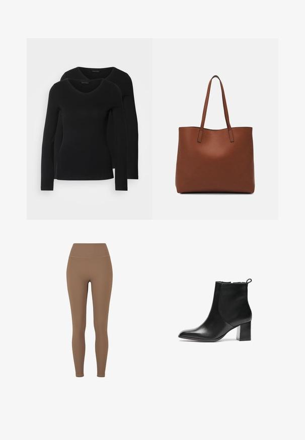 Twee zwarte longsleeve shirts met een V-hals ontwerp, gemaakt van zachte, rekbare stof, die een gladde textuur en een getailleerde vorm laten zien.; Bruine, geribbelde legging met een hoge tailleband. De stof lijkt rekbaar en glad, met minimale stiknaden en geen zichtbare patronen.; Zwarte leren enkelboot met een ronde neus, een blokhak van gemiddelde hoogte en een trekstrap aan de achterkant. Glad textuur, minimalistisch ontwerp.; Bruine leren tote bag met een gladde textuur, een ontwerp met een open bovenkant en twee schouderbanden. Kenmerkt zich door minimale stiksels en geen zichtbare hardware.