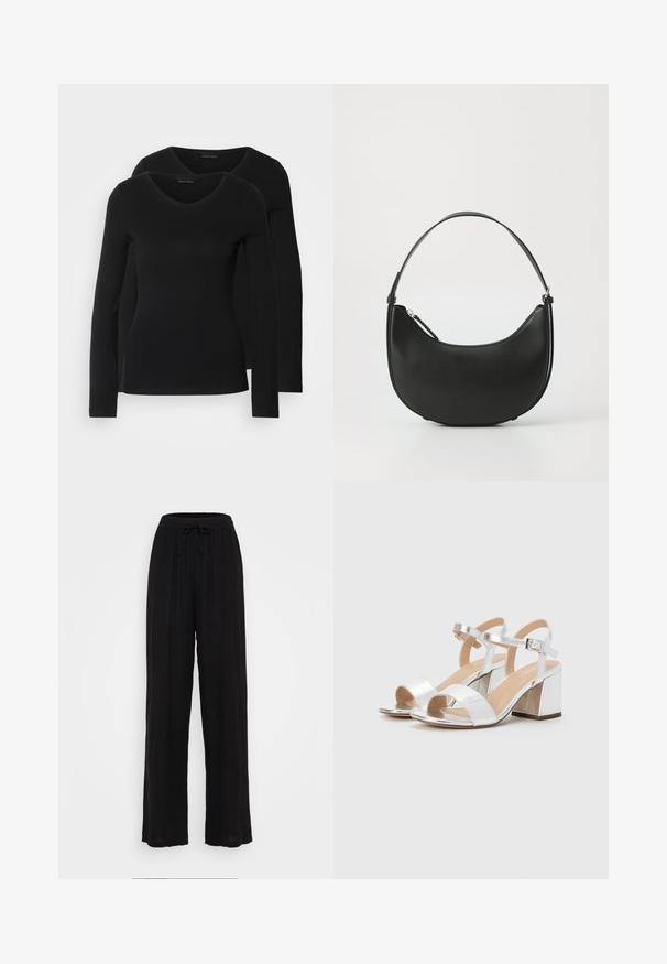 To svarte langermede skjorter med V-halsdesign, laget av mykt, elastisk stoff, viser jevn tekstur og en tettsittende fasong.; Svart vide bukser laget av lett stoff, med elastisk belte og snor, uten synlige mønstre eller detaljer.; Sølv høyhælte sandaler med åpne tær, med to brede reimer og en rund blokkhelt. Glatt tekstur med metallisk finish.; Svart lær skulderveske med en buet form, slank håndtak og glidelås. Har en glatt tekstur og subtil logo detaljer.