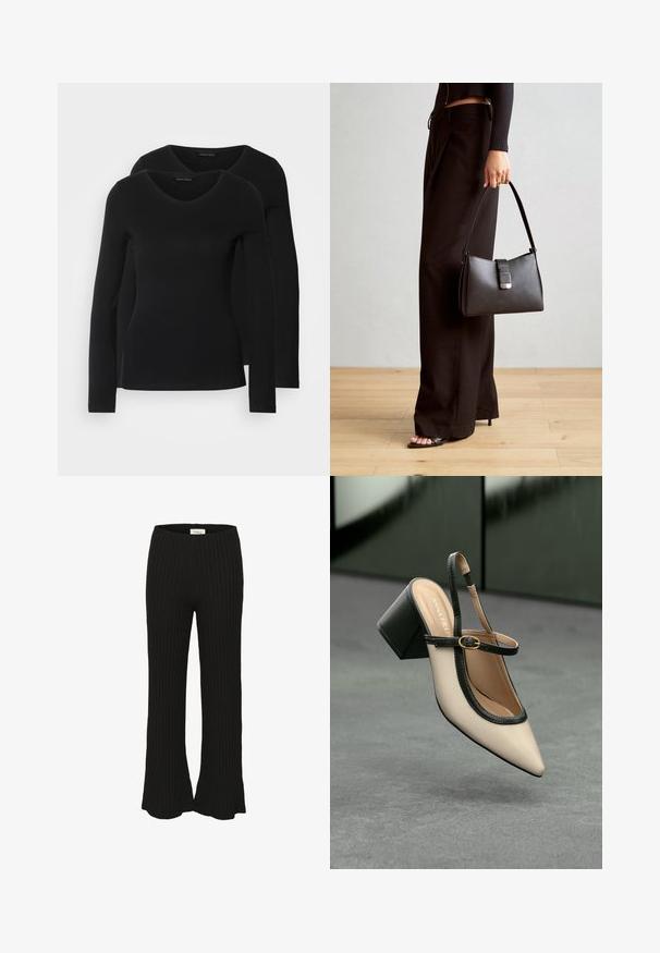 Two black long-sleeve shirts with a V-neck design, made of soft, stretchy fabric, showing smooth texture and a fitted shape.; Black ribbed trousers with a flared hem, featuring a high waistband. The texture appears soft and elastic, suitable for casual wear.; Beige pointed-toe slingback shoe with black trim, gold buckle, and a chunky block heel on gray floor with dark green background.; Black handbag with structured shape, smooth texture, and a metallic clasp. Paired with wide black pants and open-toe sandals on wooden floor.