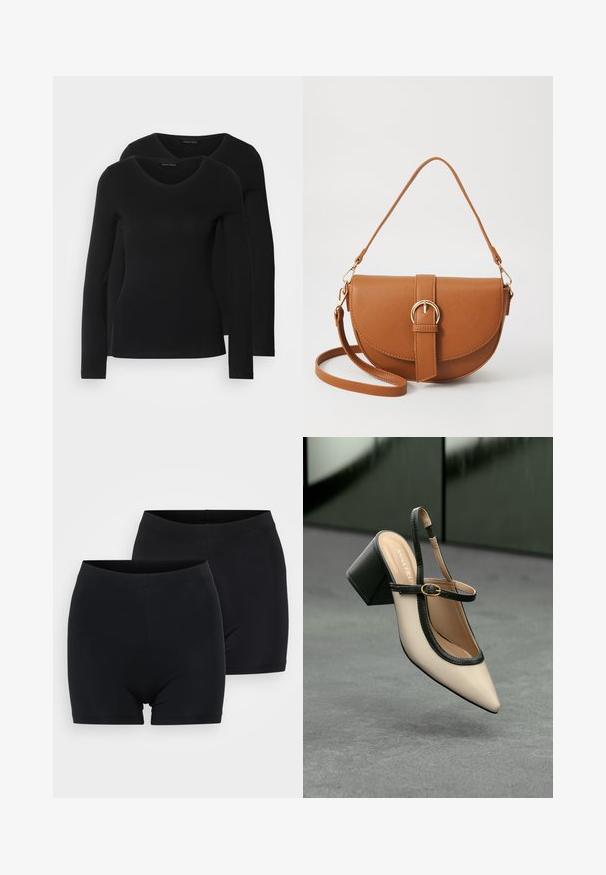 To svarte langermede skjorter med V-halsdesign, laget av mykt, elastisk stoff, viser jevn tekstur og en tettsittende fasong.; To par med svarte bomullsshorts med en glatt tekstur, med en enkel, sømløs midje og et design som når midten av låret.; Beige spiss tå slingback sko med svart kant, gullspenne og tykk blokkheel på grått gulv med mørkegrønn bakgrunn.; Brun lærcrossbody-veske med en buet form, gullhardware og et spenneakcent. Har en avtakbar skulderreim.
