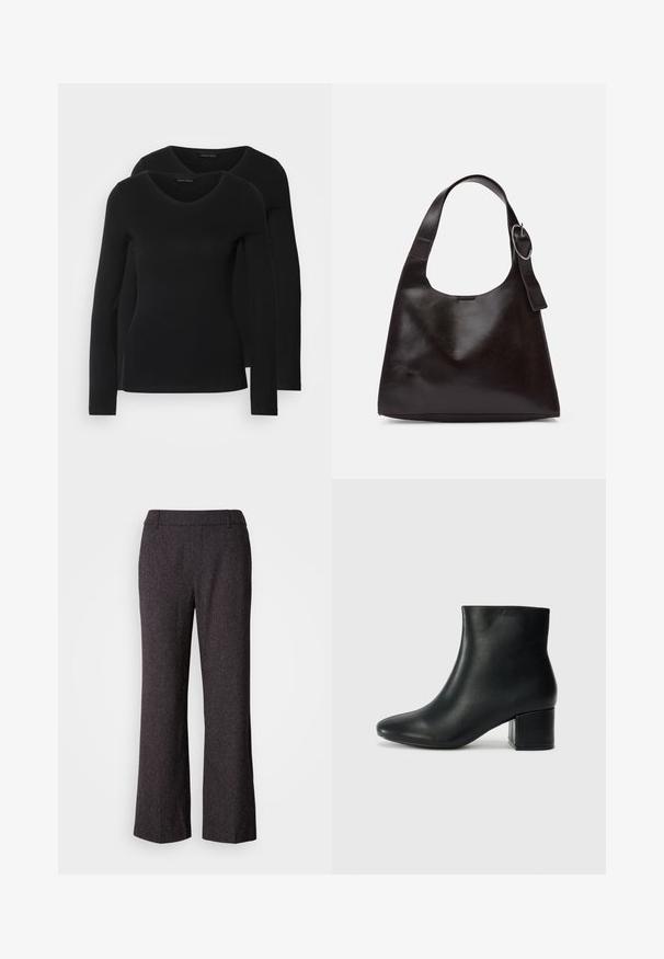 Duas camisetas pretas de manga longa com design em V, feitas de um tecido macio e elástico, apresentando uma textura suave e um formato ajustado.; Mos Mosh SVALA - Calças - black; Botas de tornozelo em pele preta com bico pontiagudo e um salto robusto. Textura suave com acentos mínimos e um design ajustado e elegante.; Bolsa de ombro em pele castanha com uma textura suave, forma arredondada, alça larga e um detalhe metálico circular na pega.
