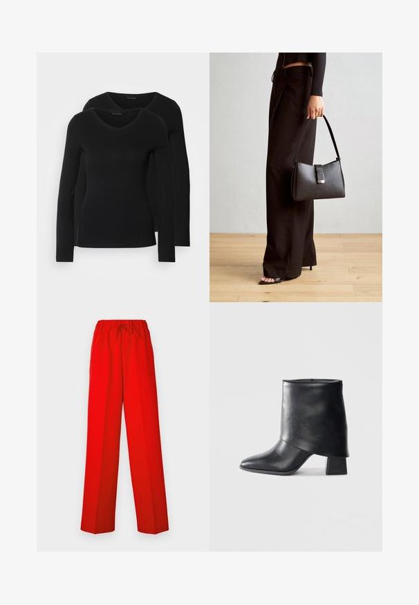 Dva crna majice dugih rukava s V-izrezom, izrađene od mekanog, rastezljivog materijala, s glatkom teksturom i prilagođenim oblikom.; Crvene hlače širokog kroja, izrađene od glatkog materijala. Imaju elastičnu gumicu u struku i detalj s vezicom za prilagodljivu veličinu.; Crna kožna čizme do gležnja sa šiljastim prstom, glatke teksture i strukturiranim blok petom. Ima visoki, preklopljeni dizajn manžetne.; Crna torba s oblikom koji sadrži strukturu, glađu teksturu i metalnu kopču. Uparena s širokim crnim hlačama i sandalama na otvorenom s drvenog poda.
