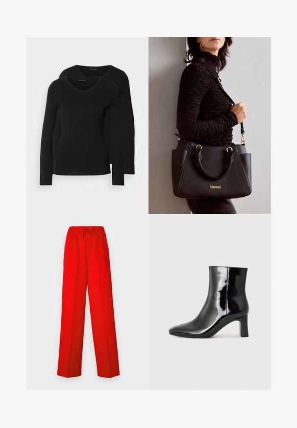 Duas camisetas pretas de manga longa com design em V, feitas de um tecido macio e elástico, apresentando uma textura suave e um formato ajustado.; Calças vermelhas com um design de perna larga, feitas de tecido suave. Apresentam uma cintura elástica e um detalhe de cordão para ajuste.; Botim de tornozelo em pele sintética preta com bico apontado e salto bloco de altura média. Textura suave e design minimalista.; Bolsa preta com superfície texturizada, alças superiores duplas e alça de ombro ajustável. Apresenta ferragens em tom dourado e bolsos laterais.