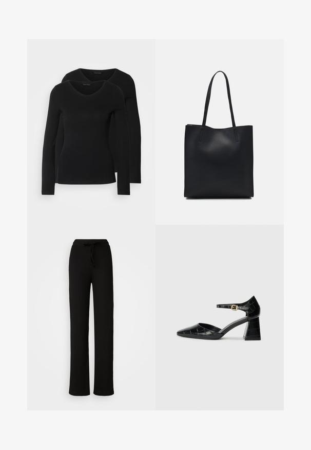 Dve črne majice z dolgimi rokavi in V-izrezom, narejene iz mehkega in raztegljivega materiala, ki prikazuje gladko teksturo in prilegnjeno obliko.; ONLY Tall ONLHILLERY - Hlače - black; Črne patentne usnjene čevlje s visokimi petami, s koničastim nosom, trakcem okrog gležnja in teksturiranim kroko vzorcem. Oblikovanje kvadratne blokaste pete.; Črna usnjena torba s svilnato teksturo, pravokotne oblike in dvema dolgima ročajema. Brez vidnih metalnih delov ali okrasnih elementov.