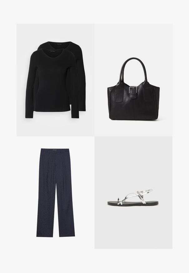 Du į juodas ilgomis rankovėmis marškiniai su V formos iškirpte, pagaminti iš minkštos, tamprios medžiagos, rodantys lygią tekstūrą ir prigludusią formą.; Tamsiai mėlynos plačius kojines kelnes su vertikaliomis baltomis juostelėmis, turinčios pritaikytą juosmenį ir priekinės klostes, suteikiančios struktūruotą fit.; Sidabriniai metaliniai sandalai su minimalistiniu dizainu, turintys plonas dirželius ir juodą plokščią padą. Išskirtinai pabrėžiami kryžminiai dirželių akcentai.; Juodas odinis nešiojamas krepšys su lygiu paviršiumi, struktūrine forma, dviem rankenėlėmis ir ryškiu sidabriniu sagties akcentu priekyje.