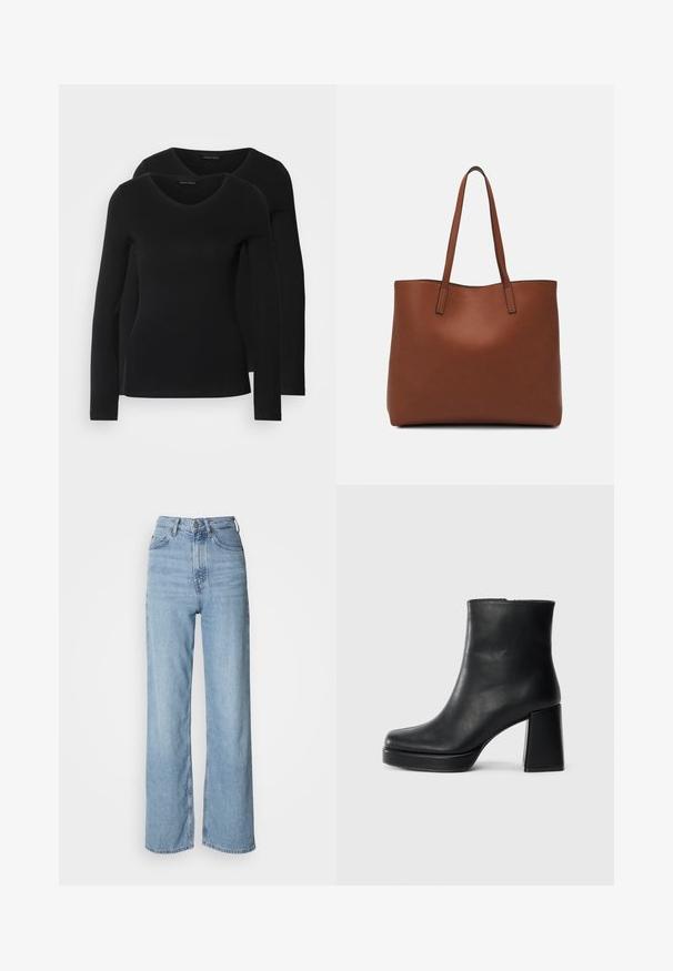 Divi melni krekli ar garām piedurknēm un V-veida kakla izgriezumu, izgatavoti no mīksta, elastīga auduma, ar gludu tekstūru un pieguļošu formas.; Gaiši zili augstā vidukļa džinsi ar taisnu kāju, izgatavoti no denima, ar priekšējo pogu aizdari un smalkām izbalēšanas detaļām.; Melna ādas potīšu zābaku ar bloku papēdi un platformas zoli, skatīts no sāna uz vienkārša balta fona.; Brūna ādas iepirkumu soma ar gludu tekstūru, atvērta augšdaļa un divas plecu siksnas. Izceļas ar minimālām šuvēm un redzamu aparatūru nav.