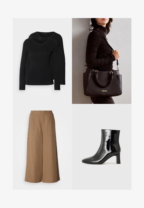Kaksi mustaa pitkähihaista paitaa V-aukkolla, valmistettu pehmeästä ja joustavasta kankaasta, joka osoittaa sileää tekstuuria ja istuvaa muotoa.; Valkoiset leveälahkeiset housut vaaleanruskeasta kudotusta kankaasta. Ominaisuuksiin kuuluu korkea elastinen vyötärönauha, sivutaskut ja sileä pinta.; Musta patenttilakattu nilkkuri, jossa on terävä kärki ja keskipitkä lohkarekorko. Silkkinen pinta ja minimalistinen muotoilu.; Musta käsilaukku, jossa on teksturoitu pinta, kaksi yläkantta ja säädettävä olkahihna. Varustettu kultasävyisillä varusteilla ja sivutaskuilla.