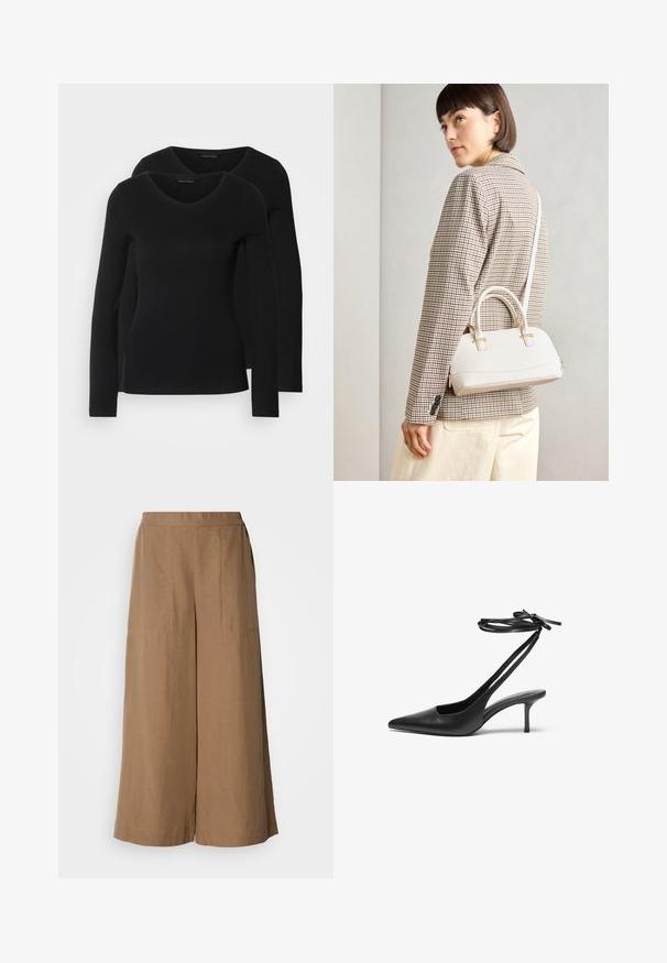 Deux chemises noires à manches longues avec un design en V, fabriquées en tissu doux et extensible, présentant une texture lisse et une silhouette ajustée.; Pantalons à jambes larges en tissu tissé de couleur brun clair. Comprend une taille élastique haute, des poches latérales et une texture lisse.; Escarpin noir en cuir avec un bout pointu, un dos ouvert et des brides à la cheville nouées en nœud. Talon fin de 3 pouces. Texture lisse, design minimaliste.; Sac à main structuré blanc avec de courtes poignées et une bandoulière, doté de accents en métal doré et d'un matériau texturé, présenté sur un fond gris.