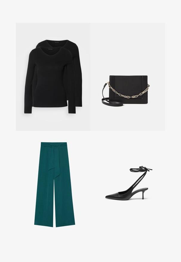Kaks musta pika varrukaga särk, millel on V-kaelus ja mis on valmistatud pehmest ja venivast kangast, millel on sile tekstuur ja sobiv kuju.; Sügavteal värvi laiad püksid, millel on tekstuuriga viimistlus, seotud vöökoht reguleeritava sobivuse jaoks ja voolav siluett.; Must musta stiletto kingad terava ninaga, avatud seljaosa ja pahkluu rihmadega, mis on seotud kaareks. Kitsa 3-tollise kontsaga. Sile tekstuur, minimalistlik disain.; Mustast nahast õlakott, mis omab siledat tekstuuri, ristküliku kuju ning esiküljel metallketi detaili. Reguleeritav rihm on kaasas.