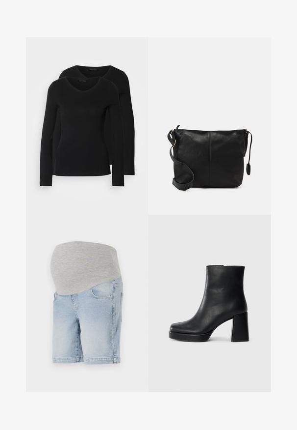 Kaksi mustaa pitkähihaista paitaa V-aukkolla, valmistettu pehmeästä ja joustavasta kankaasta, joka osoittaa sileää tekstuuria ja istuvaa muotoa.; Äitiysshortsit, joissa on vaaleansininen farkkukuvio, pehmeä harmaa jersey vyötärö, kaksi etutaskua ja rento istuvuus.; Musta nahkasaapas nilkkapituisena, jossa on paksu korko ja alustapohja, nähtynä sivulta yksinkertaisella valkoisella taustalla.; Musta nahkainen olkalaukku, jossa on litteä muoto, kultaiset yksityiskohdat ja säädettävä hihna. Sujuva pinta, jossa on vain vähän ompelutietoja.