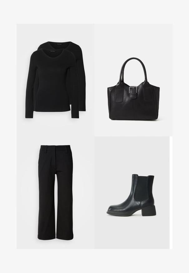 To svarte langermede skjorter med V-halsdesign, laget av mykt, elastisk stoff, viser jevn tekstur og en tettsittende fasong.; Sorte vide benbukser laget av glatt stoff. Har flat front, beltehemper og en ren kant uten lommer eller synlige lukkinger.; Sorte skinn ankle boots med elastiske sidepaneler, rund tå og en lav blokk hæl. Overflaten har en jevn tekstur og minimal detaljering.; Svart skinn toteveske med jevn tekstur, strukturert form, to håndtak og en fremtredende sølvspenne foran.