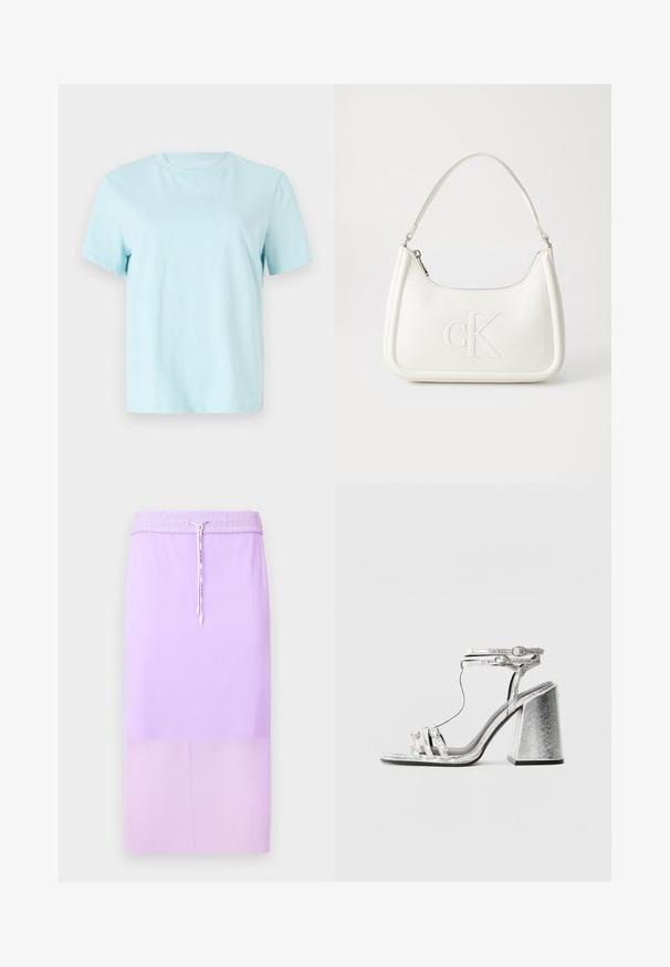 Világoskék pamut póló, rövid ujjakkal, kerek nyakkal és Diszkrét 'Calvin Klein' hímzett logóval az elején.; Levendula színű bordás midi szoknya gumis derékkal és állítható húzózsinórral. Sima textura, egyenes sziluett, és egyszínű.; Ezüst sarokkal ellátott szandál, tömzsi sarkú, vékony pántokkal és boka csattal. Az anyag fémes fényű, texturált megjelenésű.; Fehér bőrtáska ívelt formájú, elöl feltűnő "CK" logóval, egyetlen vállpánttal. Cipzáras zárás a tetején.