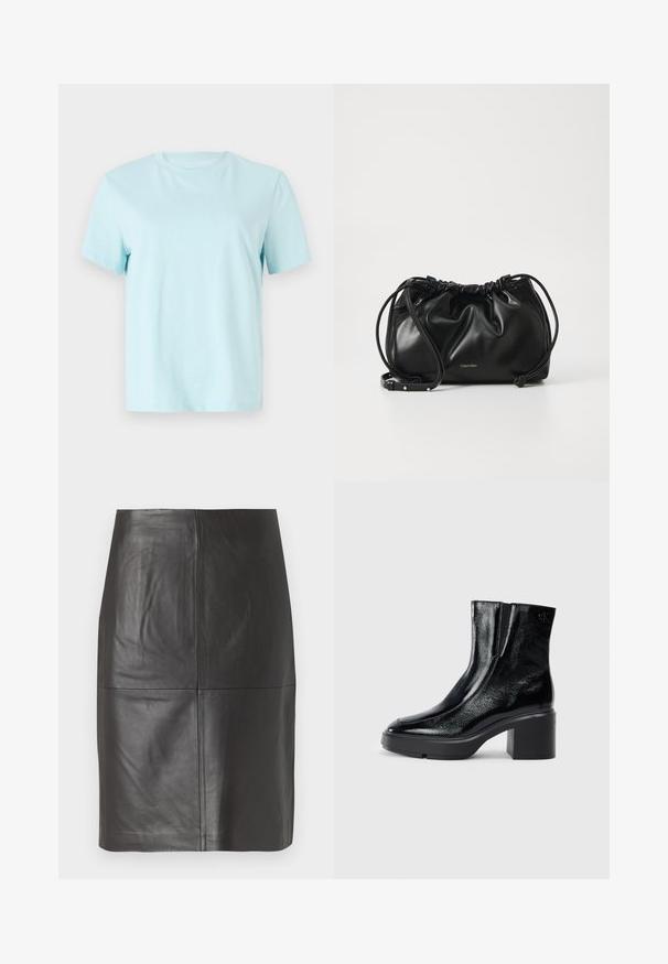 Lichtblauwe katoenen t-shirt met korte mouwen, een ronde hals en een subtiele geborduurde 'Calvin Klein' logo op de voorkant.; Zwarte leren rok met een gladde textuur, voorzien van verticale naden en een rechte snit. Geen zichtbare hardware of accentdetails.; Zwarte gepatenteerde leren enkellaarsjes met een gebogen neus, elastische zijpanelen en een chunky blokhak. Voorzien van een reliëflogo aan de achterkant.; Zwarte leren handtas met geplooid ontwerp, dubbele trekkoordsluiting en afneembare schouderband. Voorzien van metallic logo detail.
