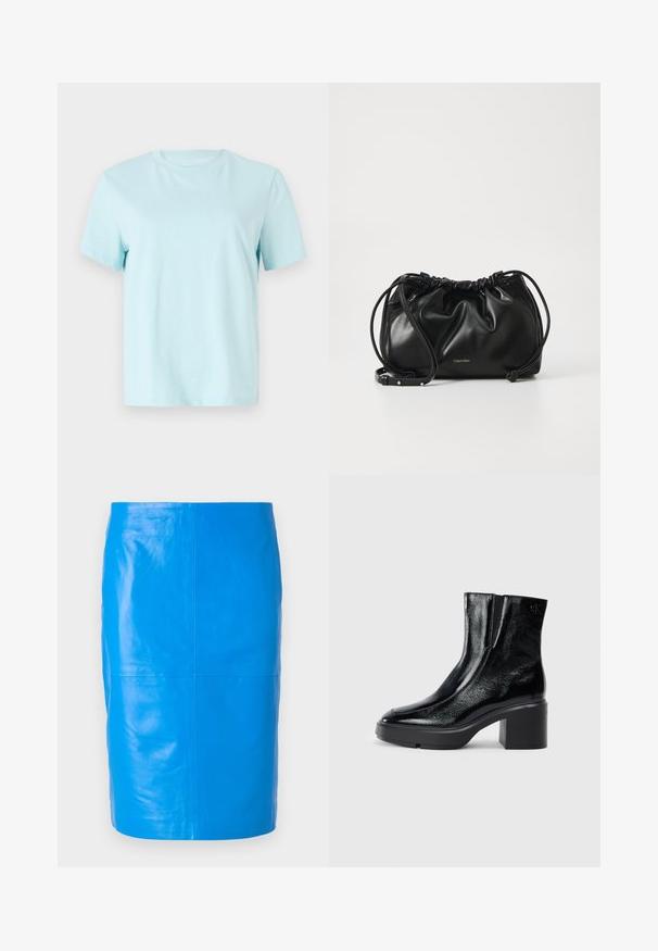 Vaaleansininen puuvillapaita, jossa on lyhyet hihat, pyöreä kaula-aukko ja hienovaraisesti etupuolelle brodeerattu 'Calvin Klein' -logo.; 2nd Day JAYAN - Nahkahame - skydiver; Musta patentoitu nahkasaappaat nilkkoihin, joissa on kaareva kärki, joustavat sivupaneelit ja paksu lohkoilut. Takana on kohokuvioitu logo.; Musta nahkainen käsilaukku, jossa on kerroksellinen muotoilu, kaksinkertainen nauhakiinnitys ja irrotettava olkahihna. Sisältää metallisen logo-yksityiskohdan.