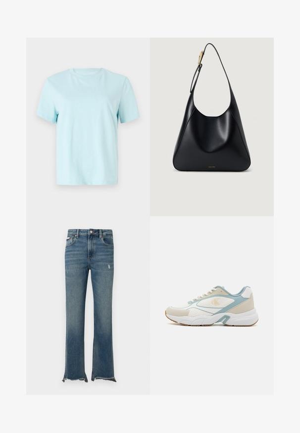 Hele sinine puuvillane t-särk lühikeste varrukatega, ümar kaelus ja ees peenelt tikitud 'Calvin Klein' logo.; Sinised teksapüksid kergelt kulunud detailidega, toores narmendav äär, esimesed taskud, vööaasad ja nööpkinnitus.; Valged ja helesinised tennisetossud, mis on valmistatud võrkkangast ja sünteetilistest materjalidest, omavad tekstuuriga tallat ja ümmargust kuju ning mustrilisi detaile.; Must mustriba mustkott, millel on sile tekstuur, kõver siluett ja kuldne riistvara aksent. Omab reljeefset brändilogo alusel.