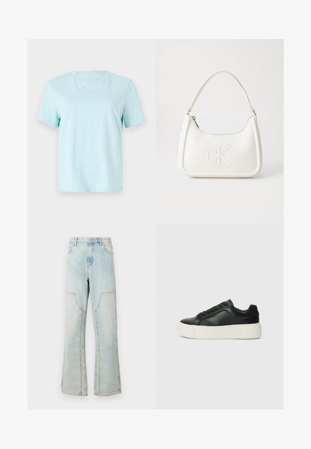 Lyseblå bomulls t-skjorte med korte ermer, rund hals og subtilt brodert 'Calvin Klein' logo foran.; Lys blå denimjeans med løs passform, brede ben og frontlommer. Har knappelukking og beltehemper.; Sorte lær sneakers med rund tå, hvit plattformsåle og svarte snøring. Har en subtil logo på hælen og jevn tekstur.; Hvit lærveske med en buet fasong, med et preget "CK"-logo på forsiden og en enkel skulderstropp. Glidelåslukking på toppen.