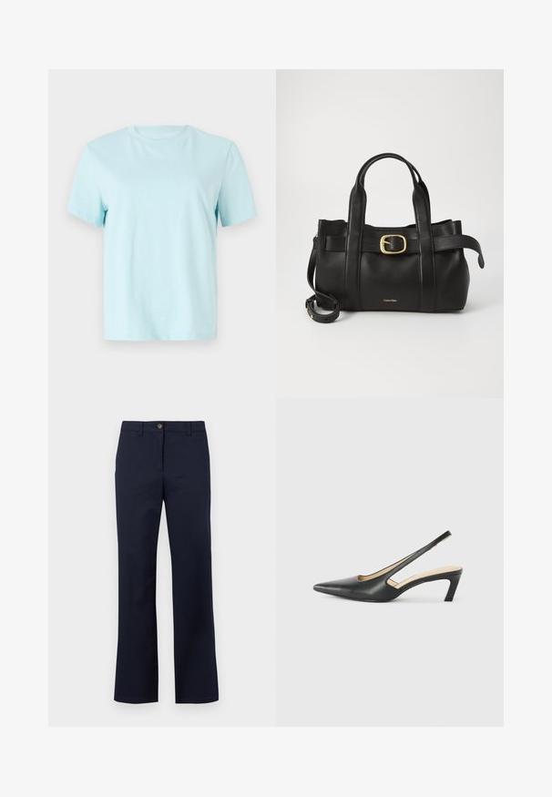 Light blue cotton t-shirt featuring short sleeves, a crew neck, and subtle 'Calvin Klein' embroidered logo on the front.; Navy blue trousers made of smooth fabric. They feature a straight-leg design, button closure, and minimal stitching details.; Black pointy-toed slingback shoe with a low heel, featuring smooth leather material and cut-out design on the side for breathability.; Black leather handbag featuring a structured design, dual top handles, gold-tone buckle accent, and embossed brand logo at the front.
