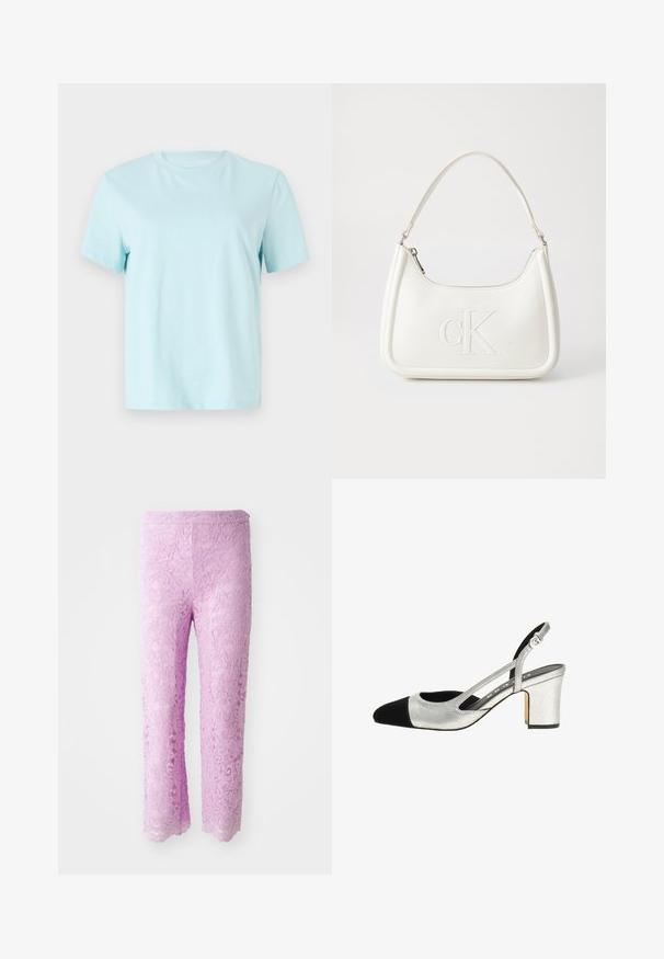 Hellblaues Baumwoll-T-Shirt mit kurzen Ärmeln, einem Rundhalsausschnitt und dezentem, auf der Vorderseite eingesticktem 'Calvin Klein'-Logo.; Rosa Spitzenhose mit einem gewellten Saum, ausgestattet mit aufwendigen floralen Mustern. Der Stoff wirkt leicht und strukturiert und ist für eine figurschmeichelnde Silhouette entworfen.; Silberne Slingback-Pumps mit einer schwarzen Kappe an der Zehe, strukturiertem Obermaterial und einem Blockabsatz. Mit ausgeschnittenen Seiten und einem verstellbaren Riemen für die perfekte Passform.; Weiße Lederhandtasche mit abgerundeter Form, ausgestattet mit einem geprägten "CK"-Logo auf der Vorderseite und einem Einzel-Schultergurt. Reißverschluss oben.