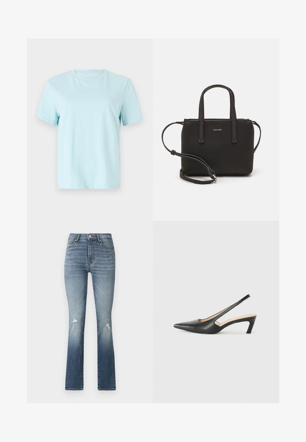 Šviesiai mėlyna medvilninė marškinėliai su trumpomis rankovėmis, apykakle ir subtiliu siuvinėtu 'Calvin Klein' logotipu priekyje.; Šviesiai mėlynos džinsinės kelnės su plačiais apačiais ir aukštu liemeniu, turinčios dvi priekines kišenes ir suplėšytus detales ant šlaunų.; Juodas smailus slingback batelis su žemu kulnu, pagamintas iš lygaus odos paviršiaus ir su išpjovomis šone, užtikrinančiomis oro pralaidumą.; Juoda rankinė su dviem trumpais rankenėlėmis ir nuimamu petį. Lygaus odos tipo medžiaga su užtrauktuku ir logotipo detale.
