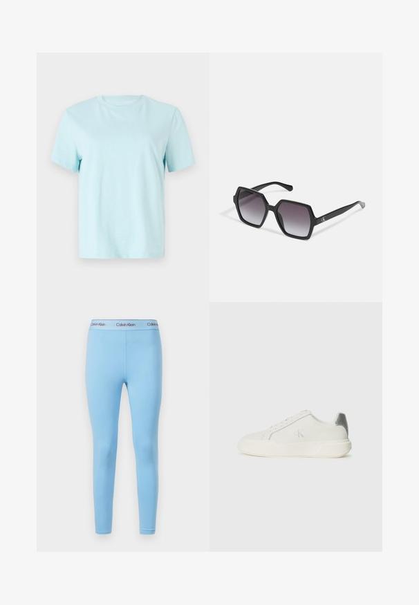 Svetlomodré bavlnené tričko s krátkymi rukávmi, okrúhlym výstrihom a jemným vyšitém logom 'Calvin Klein' na prednej strane.; Modré legíny vyrobené z hladkej, elastickej látky, ktoré majú jednoliatu farbu a pás s logom "Calvin Klein" v kontrastných farbách.; Biele tenisky vyrobené z kože s hladkou textúrou, s strieborným akcentom na päte, plochou podrážkou a minimalisticým dizajnom.; Čierne hexagonálne slnečné okuliare s gradientovými šošovkami, majú lesklý povrch a diskrétne logo na stranici. Vyrobené z odolného plastu.