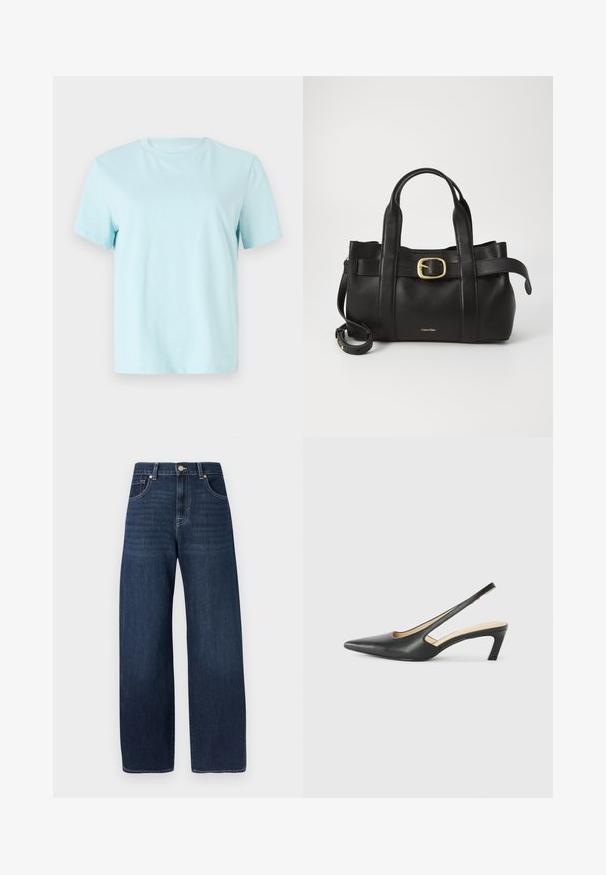 T-shirt de algodão azul claro com mangas curtas, gola redonda e logo 'Calvin Klein' bordado discreto na parte da frente.; Calças de ganga de corte largo em tom escuro, com textura suave, fecho de botão, design de cinco bolsos e detalhes de costura subtis.; Sandal com bico fino e calcanhar baixo, em couro liso, com um design recortado na lateral para respirabilidade.; Bolsa de couro preto com um design estruturado, alças superiores duplas, detalhe de fivela em tom dourado e logotipo da marca em relevo na frente.