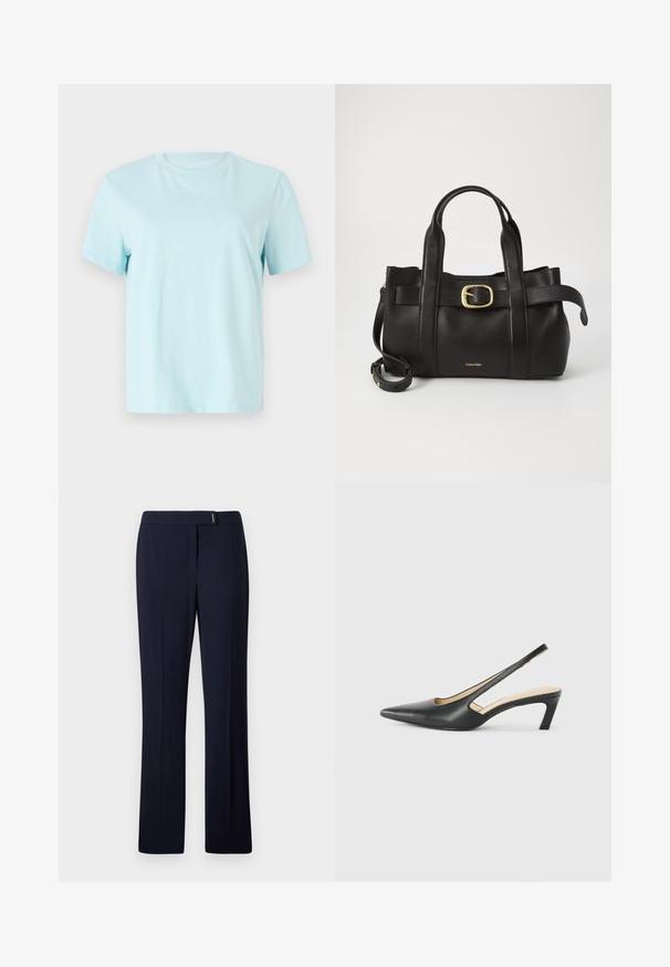 Lyseblå bomulls t-skjorte med korte ermer, rund hals og subtilt brodert 'Calvin Klein' logo foran.; Marineblå tilpassede bukser laget av et glatt stoff, med flat front, rette ben og en subtil sølvfarge aksent i midjen.; Svart spiss tå slingback-sko med lav hæl, laget av jevnt skinnmateriale og med utskåret design på siden for pusteevne.; Svart lærveske med en strukturert design, doble topphåndtak, gullfarget spenneakent og preget merke-logo foran.