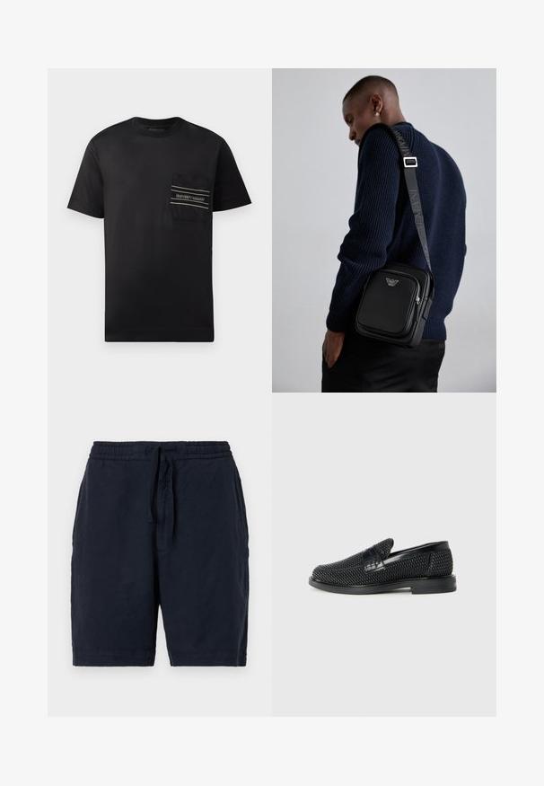 Svart kortermet t-skjorte laget av bomull, med en nærbilde brystlomme med et logo og to horisontale striper i hvitt og gull.; Marine linnen shorts med elastisk midjebånd og snøring, med en avslappet passform og lett teksturert overflate.; Sorte vevde slip-on sko med en glatt lærdetalj på overdelen, design med rund tå og en lavprofil gummisåle.; Svart lær crossbody-veske med en glidelåslomme, logo-detalj og justerbar rem med merke. Båret mot en teksturert marineblå genser.