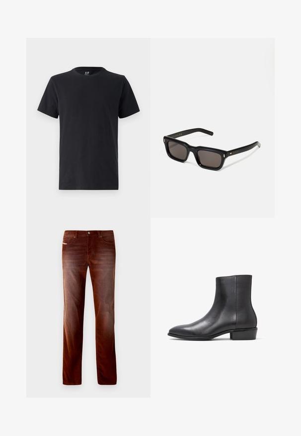 Svart bomullströja med rund halsringning och korta ärmar. Slät textur, normal passform, med GAP-logotypen på kragen.; Bruna kordbyxor med rak bendesign, som har fem fickor, metallknappstängning och subtila mönster av texturer.; ALDO PILLOWWALK+FLEX INSIDE ZIP AMUR - Stövletter - open black; Svarta rektangulära solglasögon med mörka linser, tjock plastbåge, guldfinish på skalmarna och varumärkeslogotyp graverad på armen.