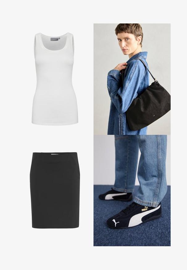 Bela majica brez rokavov iz mehkega, raztegljivega materiala z okroglo ovratnico in ozkimi naramnicami. Ima gladko teksturo in prilegajoč dizajn.; Črna svila krila iz gladkega blaga, ki ima prilegajoč se kroj z obročem in dolžino do kolen. Brez vidnih vzorcev ali dodatkov.; Črne nobučne superge z belimi detajli, ki imajo zlati logotip. Ujemajo se z svetlo modrimi kavbojkami in so postavljene na teksturirano modro površino.; Črna nubuk torba z mehkimi, a strukturnimi oblikami, opremljena s tankim usnjenim ročajem in diskretnim logotipom blagovne znamke. Model nosi jeans jakno.