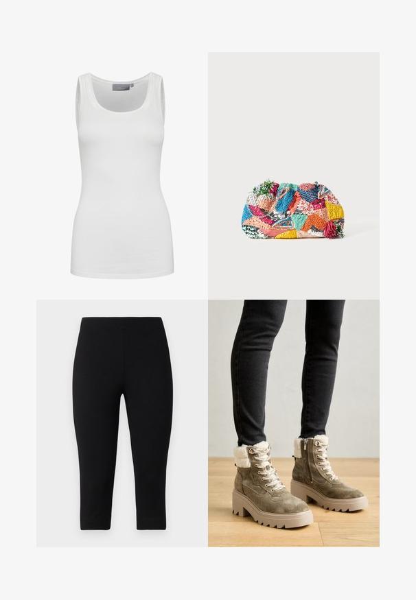 White tank top made of soft, stretchy fabric with a round neckline and narrow straps. Features a smooth texture and fitted design.; Black capri leggings made of stretchy material, featuring a snug fit and smooth texture, with no prominent patterns or accents.; Suede ankle boots in olive green with faux fur trim, silver hardware, and a chunky beige platform sole. Features laces and a side zipper.; Colorful woven clutch bag featuring various patterns in pink, blue, green, and yellow, with textured embellishments and decorative accents.