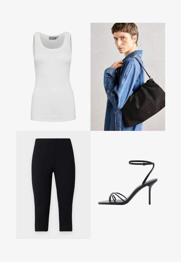 White tank top made of soft, stretchy fabric with a round neckline and narrow straps. Features a smooth texture and fitted design.; Black capri leggings made of stretchy material, featuring a snug fit and smooth texture, with no prominent patterns or accents.; Black high-heeled sandal featuring a thin ankle strap, multiple crisscross straps over the foot, and a sleek square toe design.; Black suede handbag with a soft, structured shape, featuring a slim leather strap and subtle brand logo. Model wears a denim jacket.